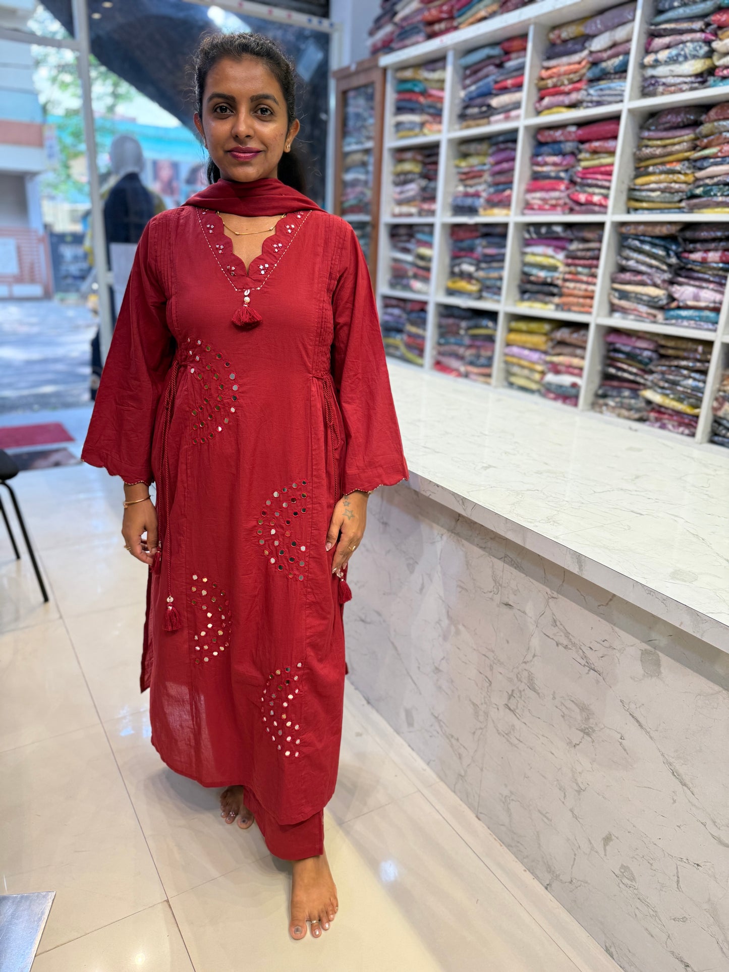 Mirror Work Red Pure Cotton Kurti With Pant and Dupatta-HSC128