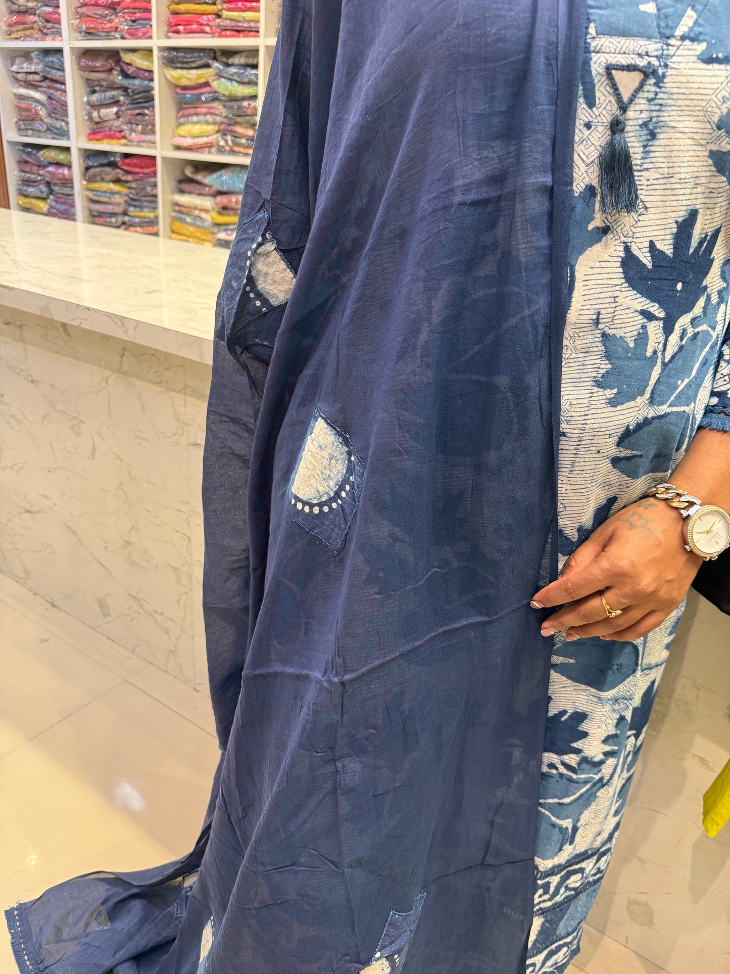 Indigo Pure Cotton With Lace detail Kurti With Pant and Dupatta