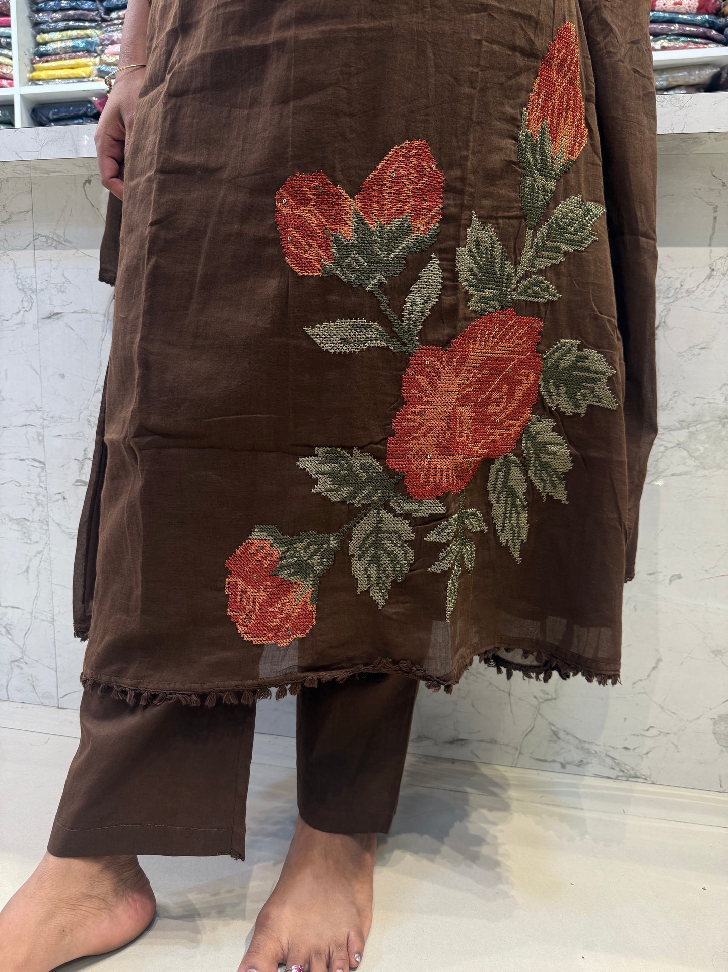 A-line cross stitch work Pure Mul Cotton Kurti With Pant and Dupatta