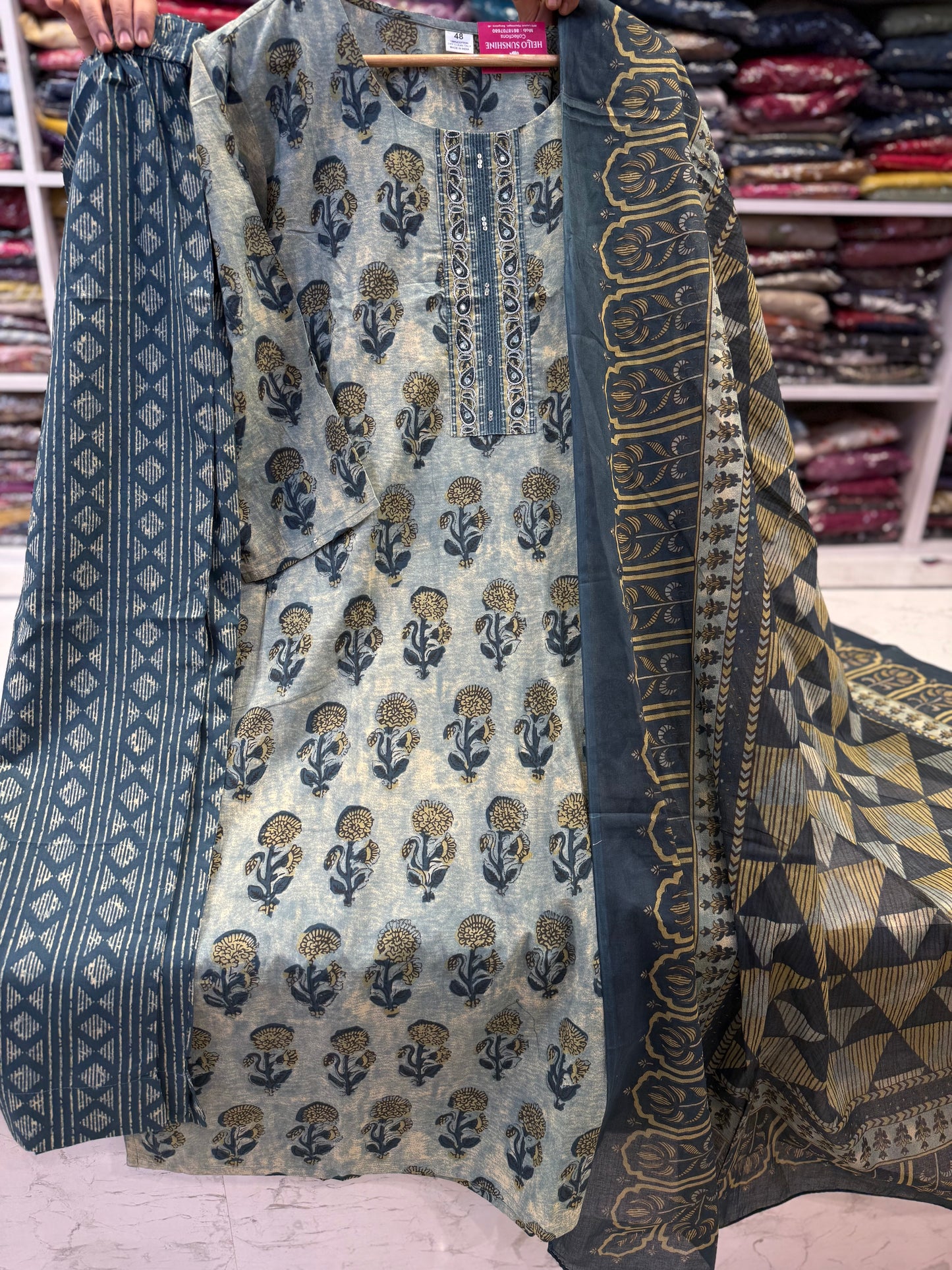 Green Printed Kurti With Pant and Dupatta
