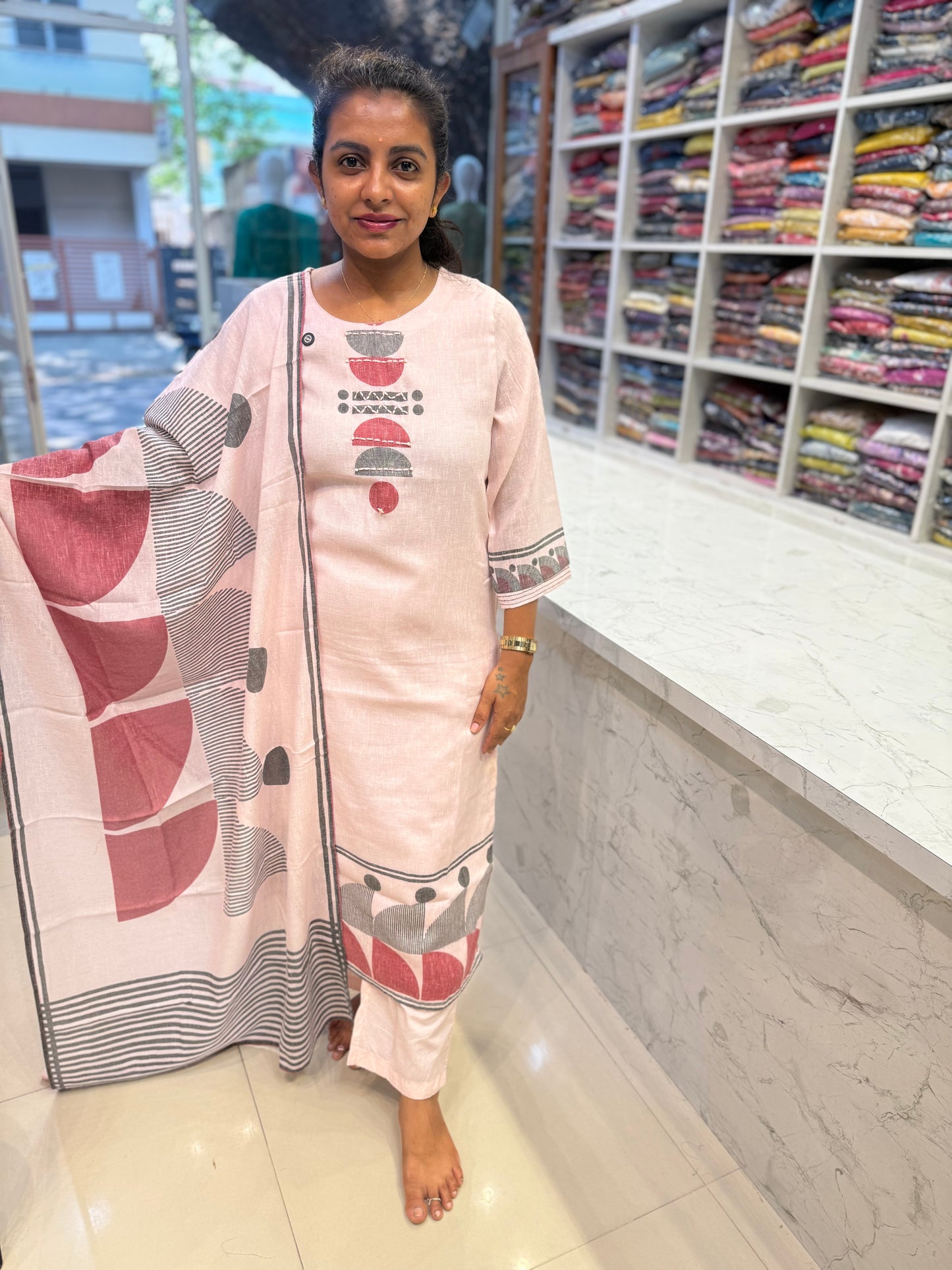 Pure Linen Pastel Pink Thread Embroidery Kurti With Pant and Dupatta-HSC75