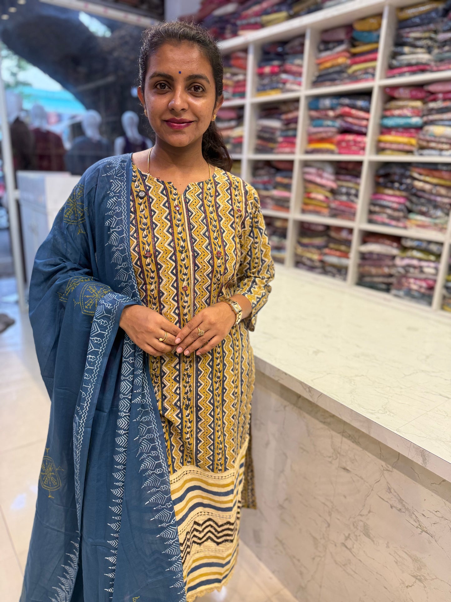 Mustard with Blue Block Printed Pure Cotton Kurti With Pant and Dupatta-HSC91