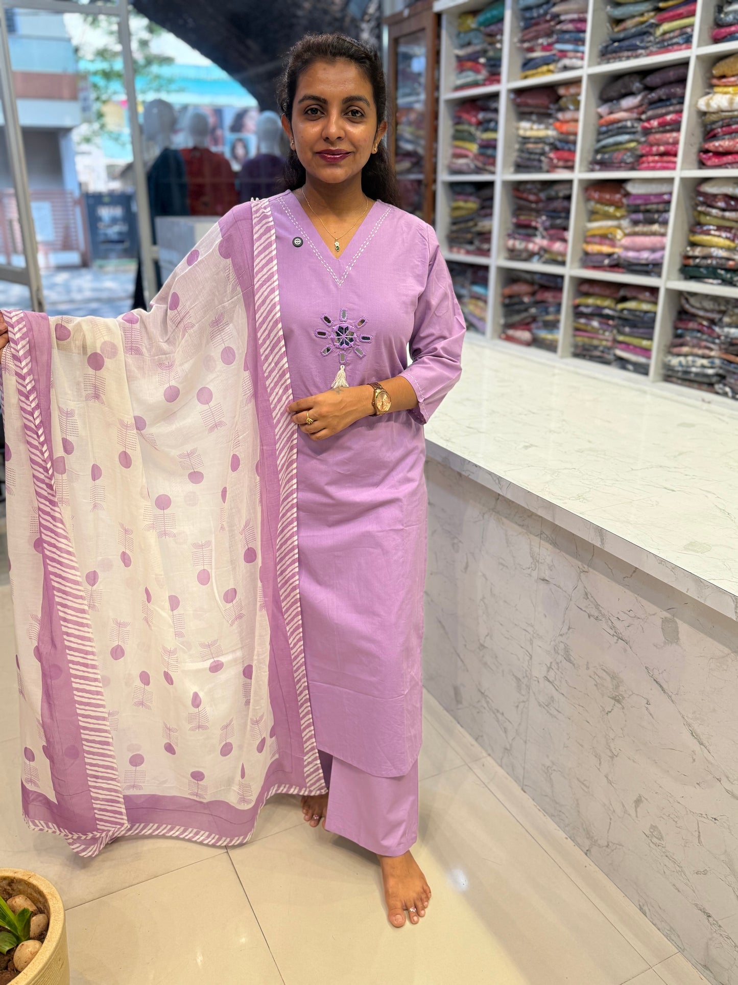 Lavender Pure Cotton Kurti With Pant and Constrast Dupatta-HSC104