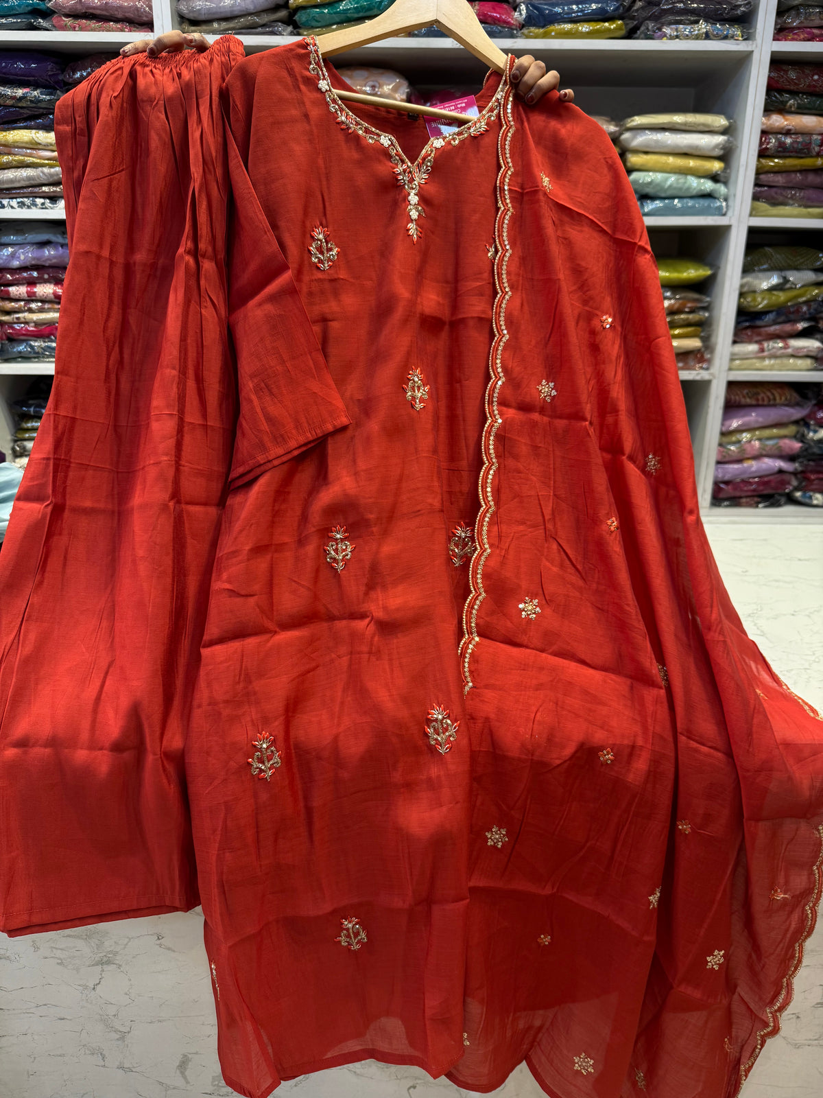 Rust Orange Hand Embroidery Kurti With Pant and Scallop Cutwork Dupatta - HSC1185
