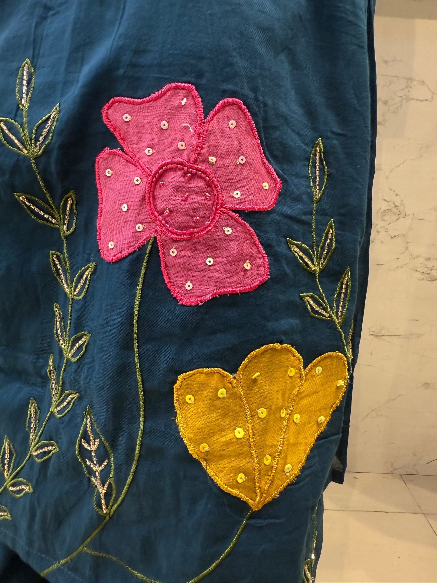 Blue Mul Cotton A-line  Kurti With Pant and Scallop Dupatta-HSC13