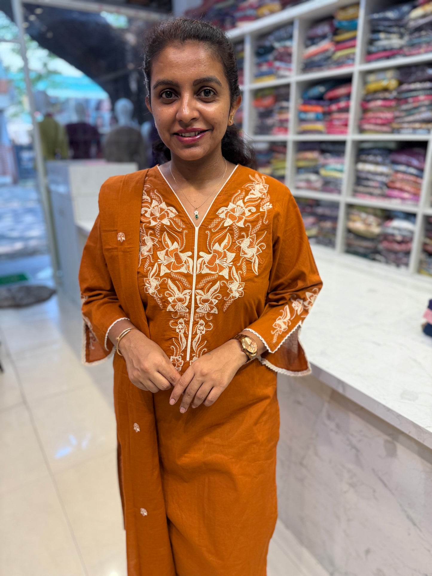 Rust Orange Pure Cotton Embroidery Kurti With Pant and Dupatta-HSC101