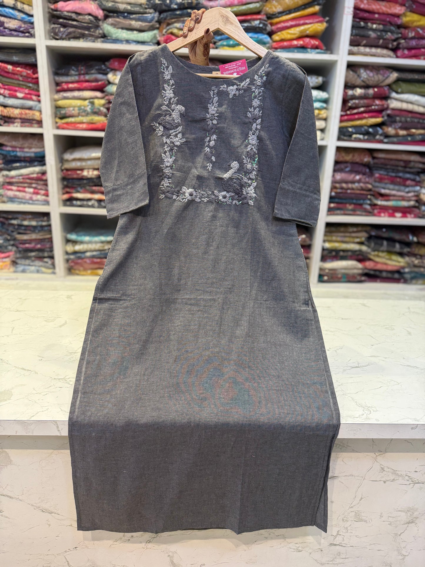 Grey Bird Embroidery Cotton Straight Cut Kurti