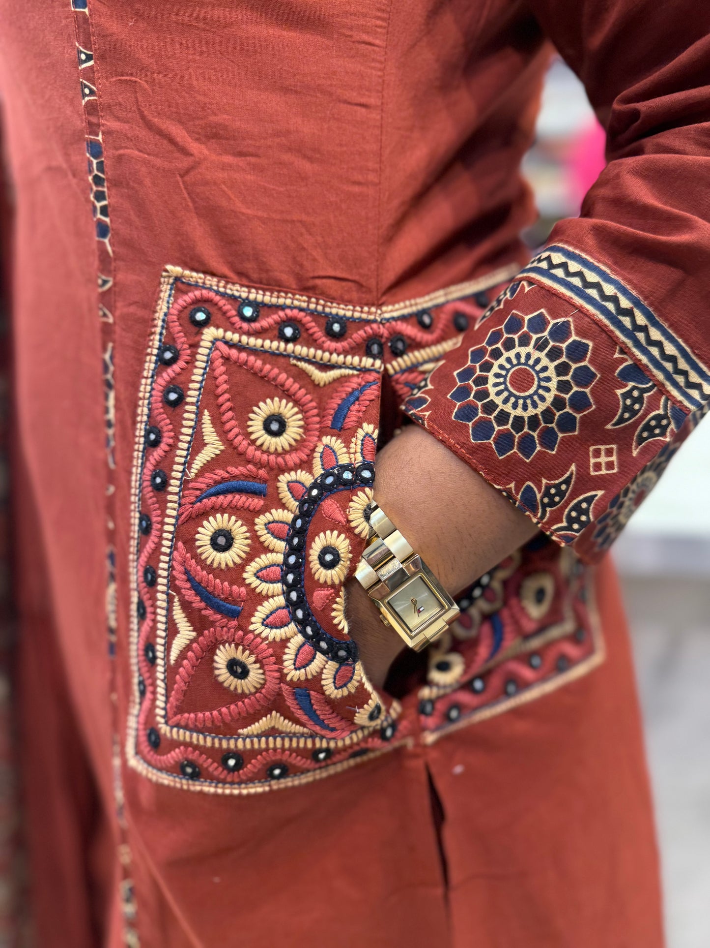 Two sides Pockets Brown Cotton Embroidered Kurti With Pant and Dupatta