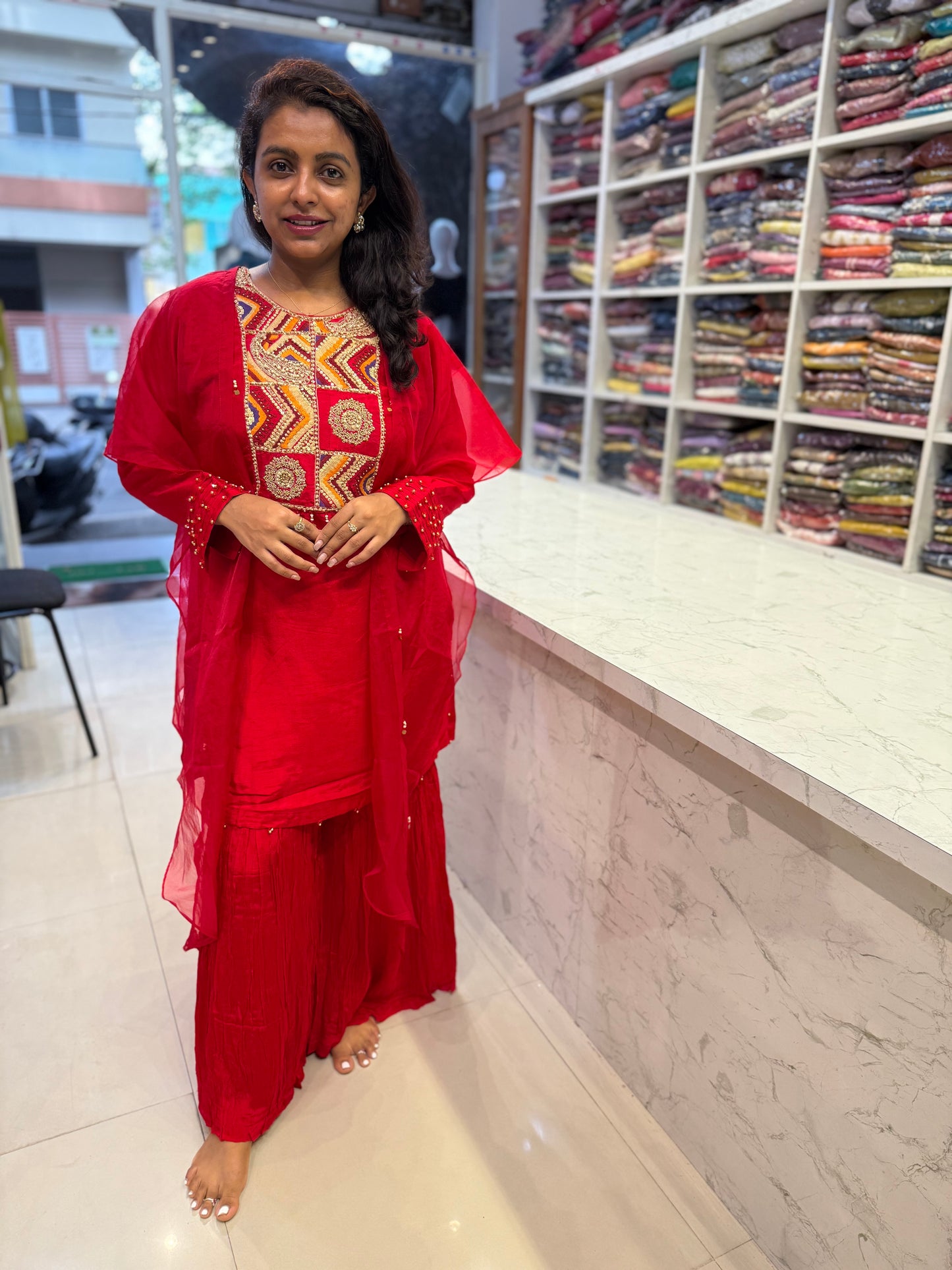 Red Hand Embroidery Dola Silk Kurti With Sharara Pant with Shrug-HSC189