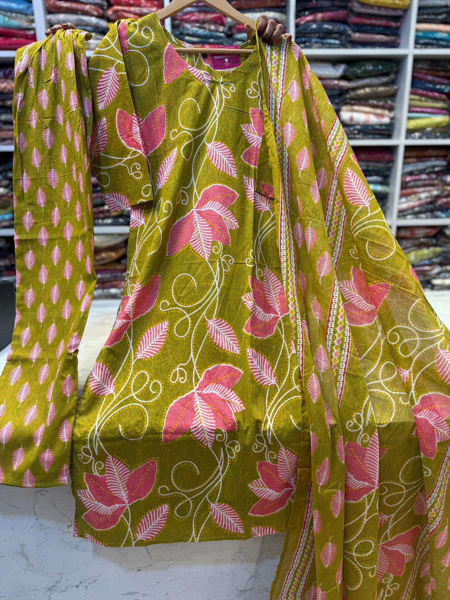 Printed Green Pure Cotton Kurti With Pant and Dupatta