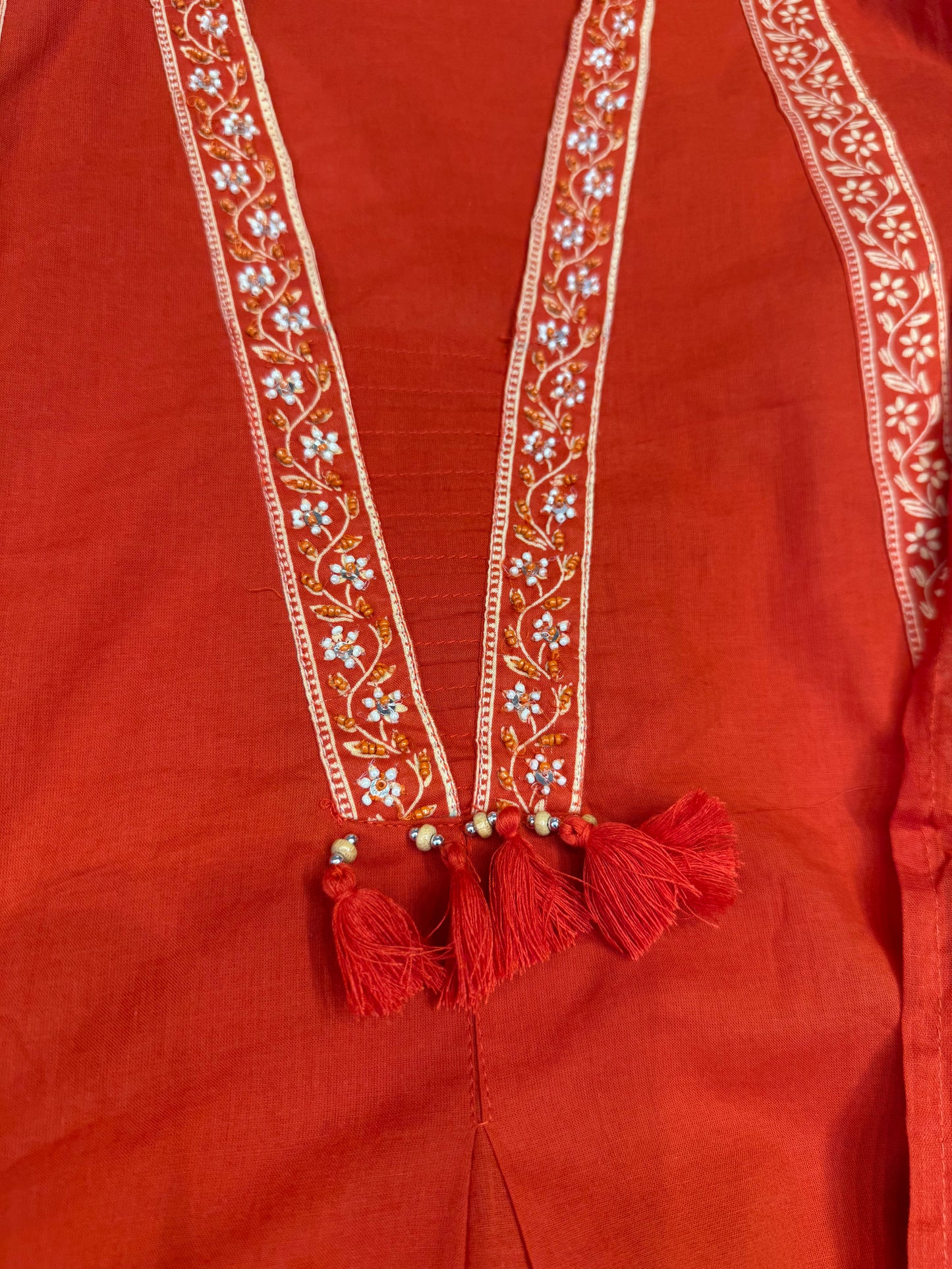 Two Sides Pockets Rust orange Pure Cotton Kurti with Printed Pant and Dupatta