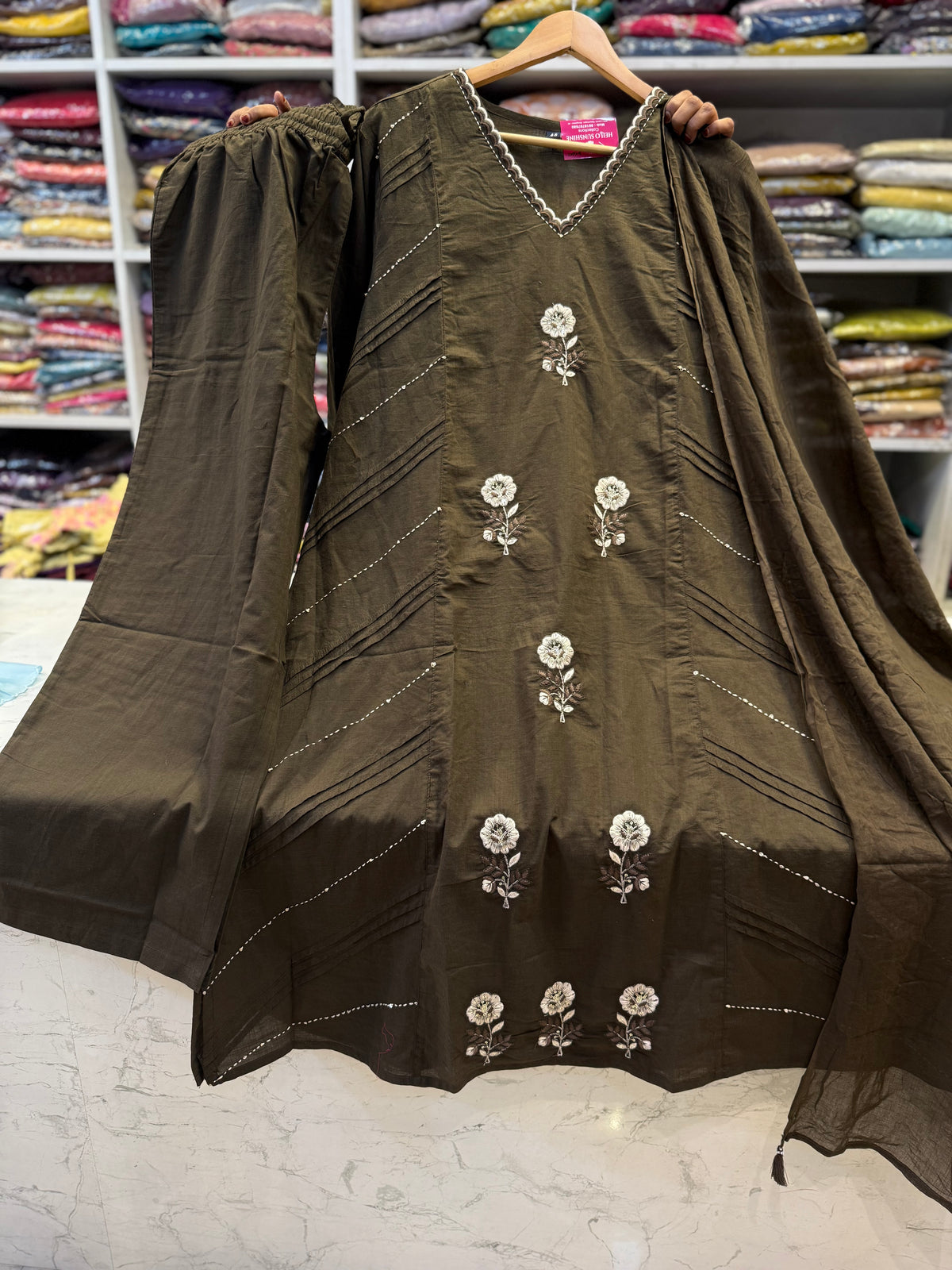 Green Thread Embroidery Pure Cotton Kurti With Pant and Dupatta - HSC1180