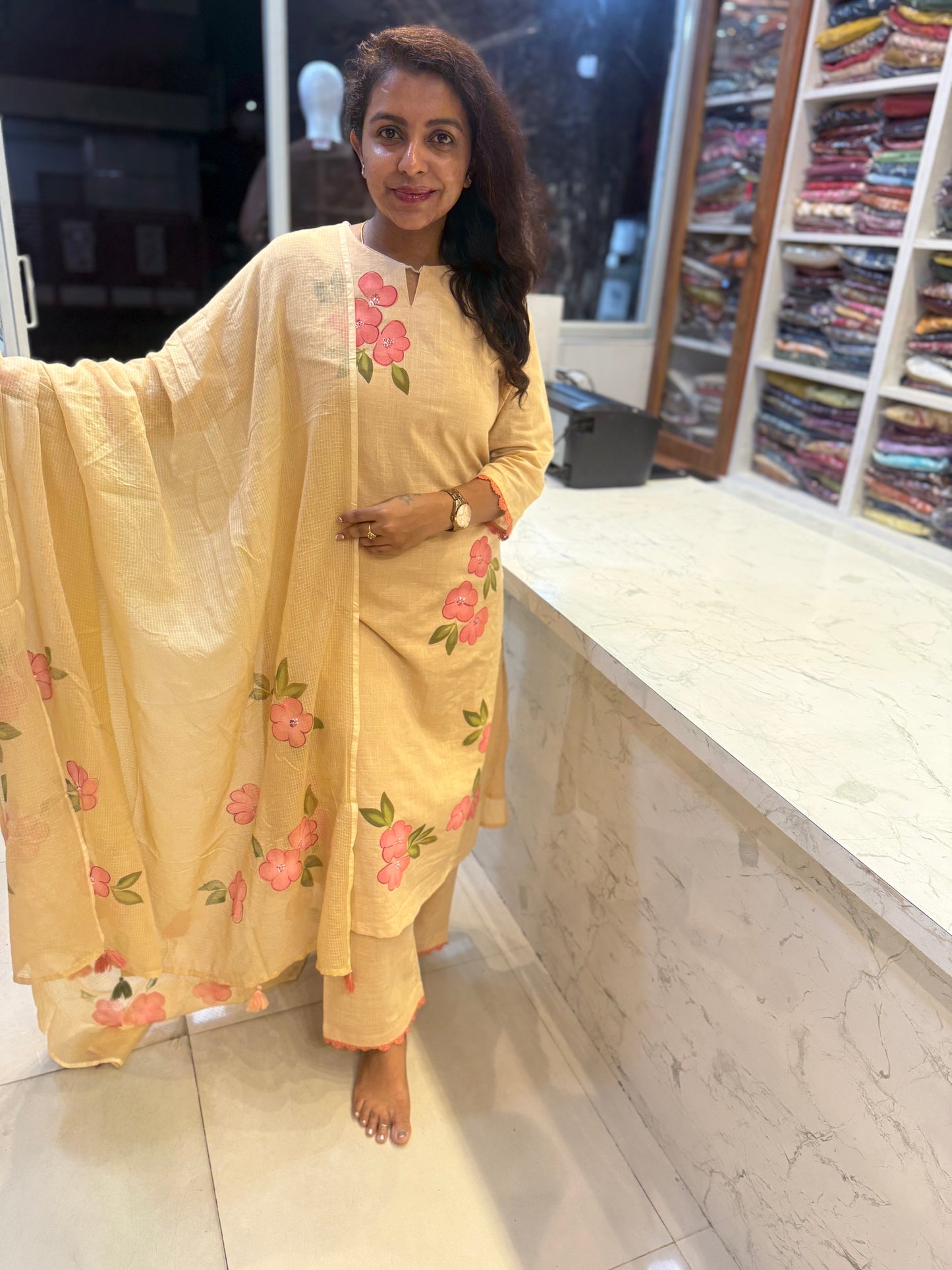 Hand Panited Beige Kurti With Pant and Dupatta-HSC115