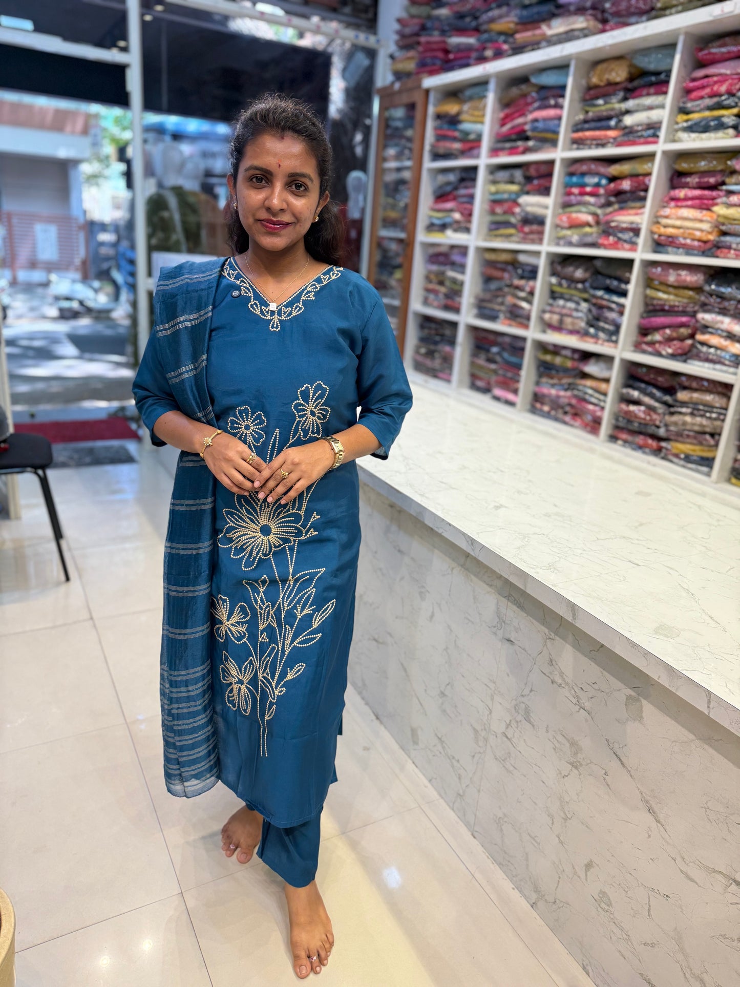 Blue Roman Silk Semi-Party wear thread Work Kurti With pant and Dupatta