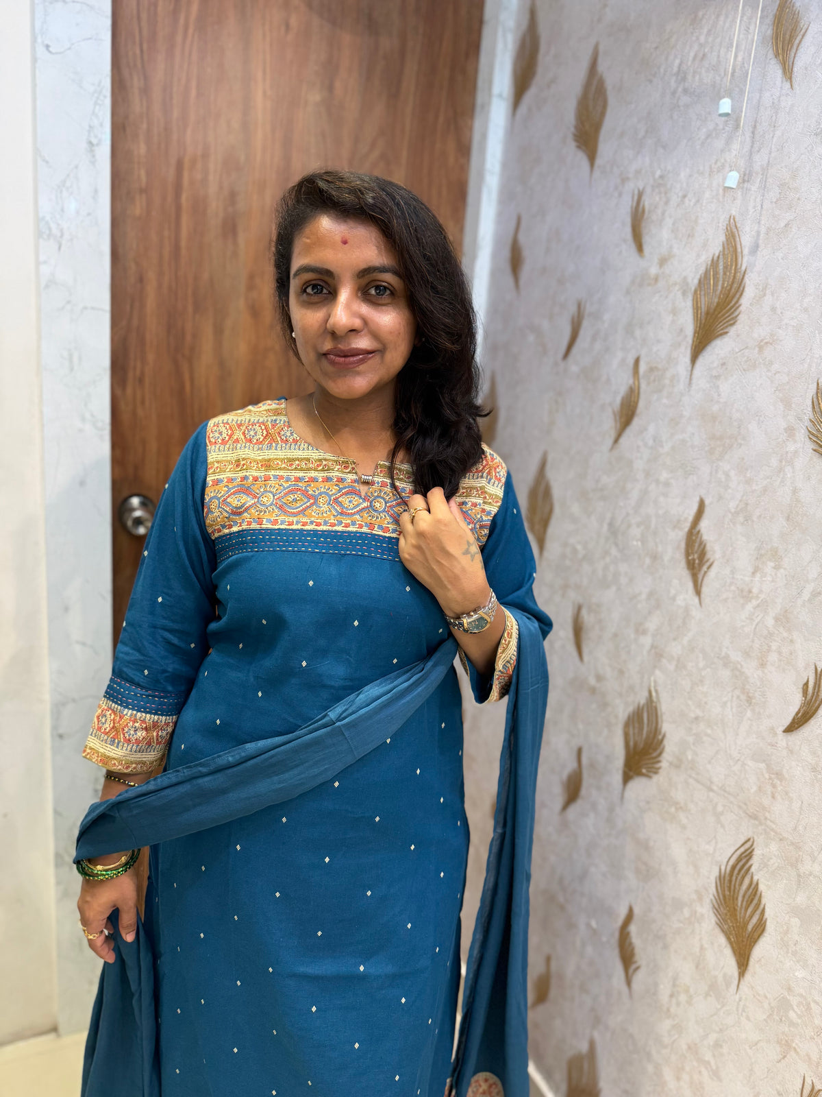 Kalamkari Pure Handloom Cotton Kurti With Pant and Dupatta -HSC1325