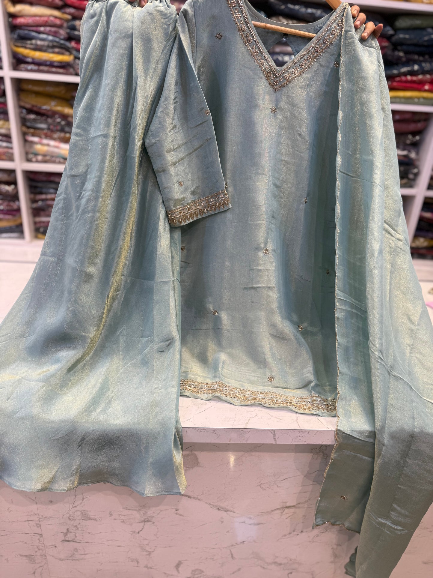 Shimmer Tissue Handwork Kurti With Divider Pant and scallop cut Work Dupatta-HSC34