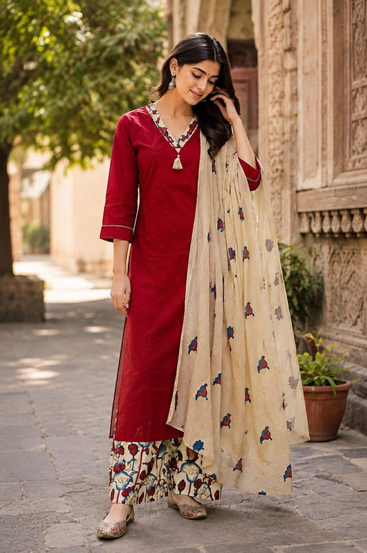 Red Pure Cotton Kurti With Printed Pant and Applique Dupatta -HSC1264