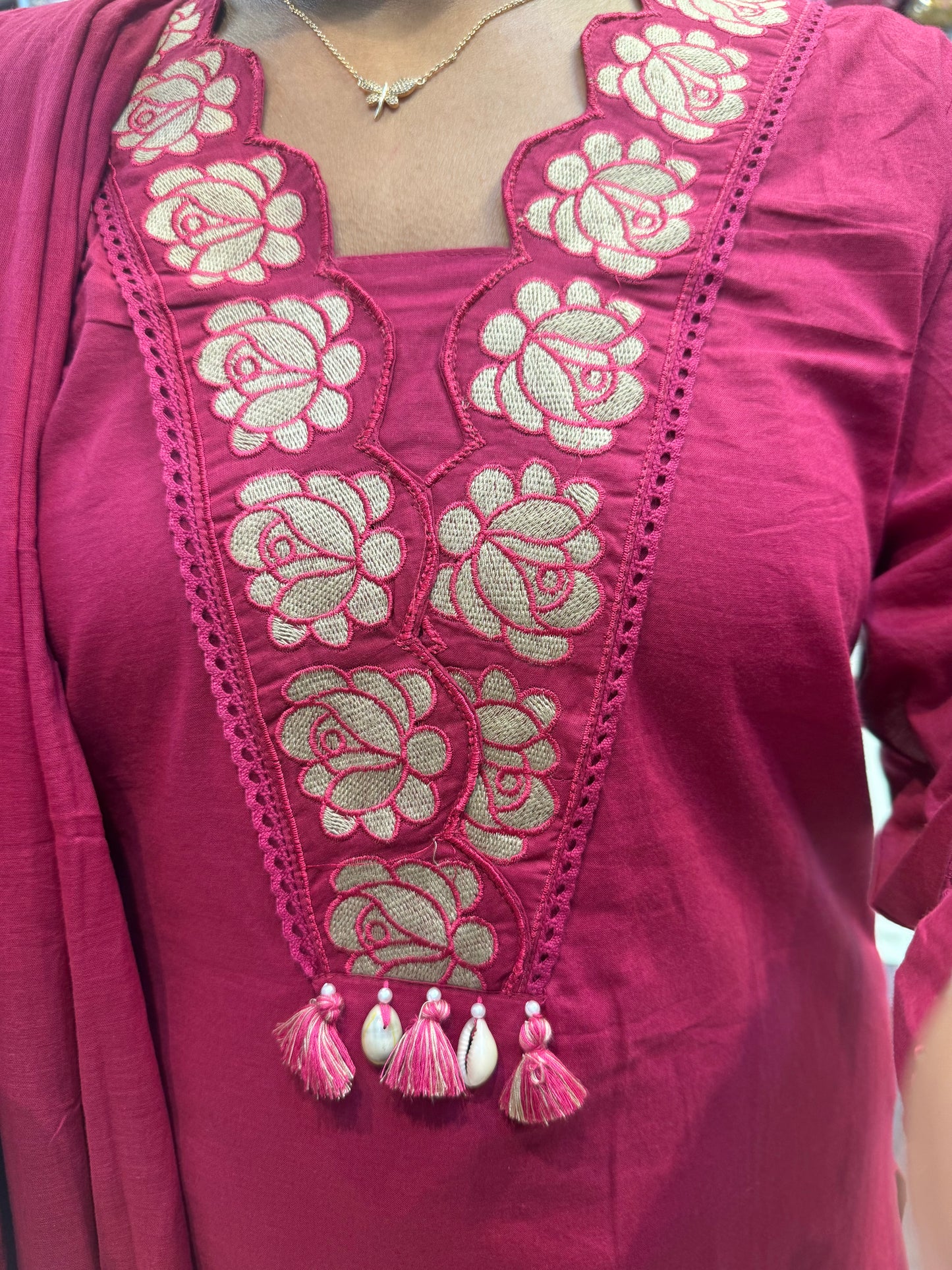 Scallop Cut Work Embroidery Kurti With Pant and Dupatta