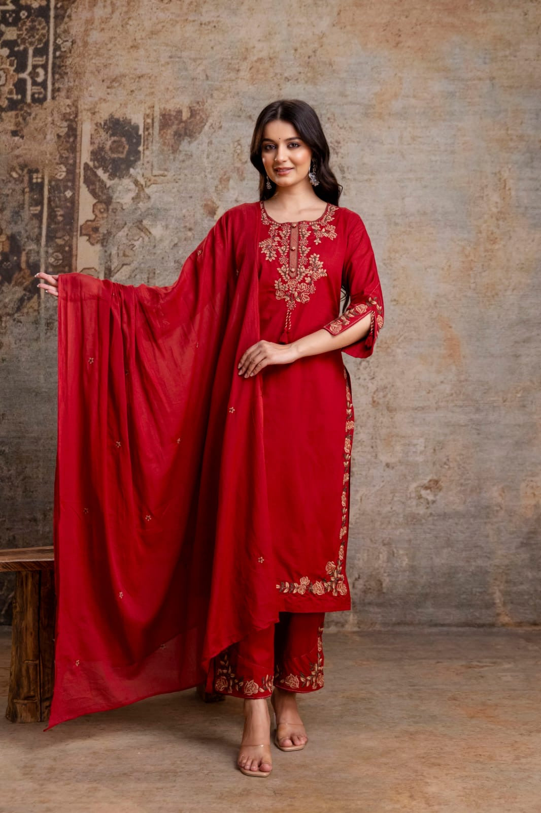 Red Embroidery Pure Cotton Kurti With Pant and Dupatta - HSC1145