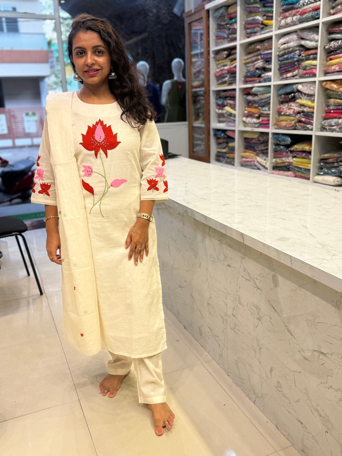 Lotus Half White Pure Cotton Hand Embroidery Kurti With Pant and Dupatta - HSC1159