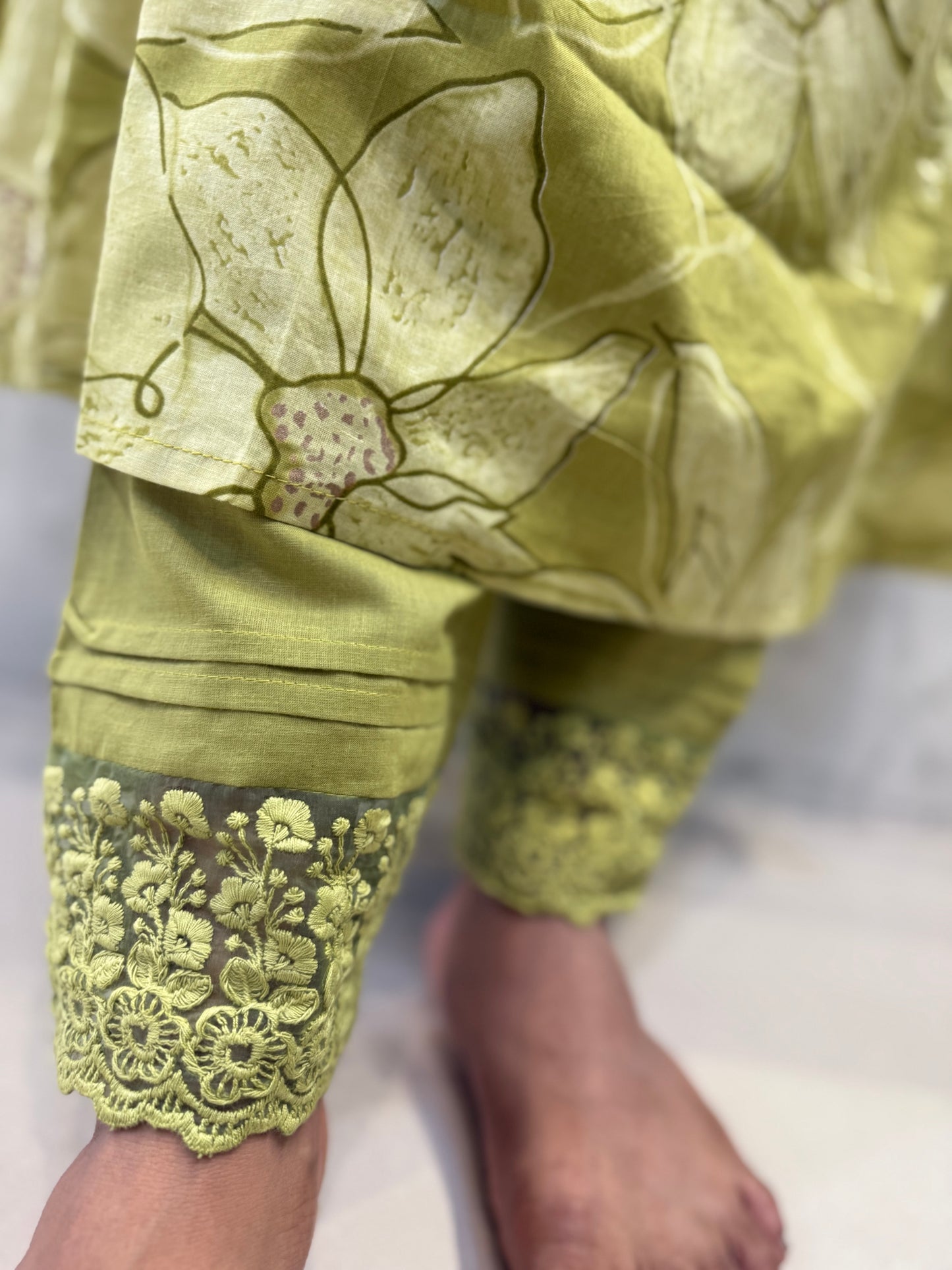 A-line Green Cotton Lace Work Kurti With Pant and Dupatta