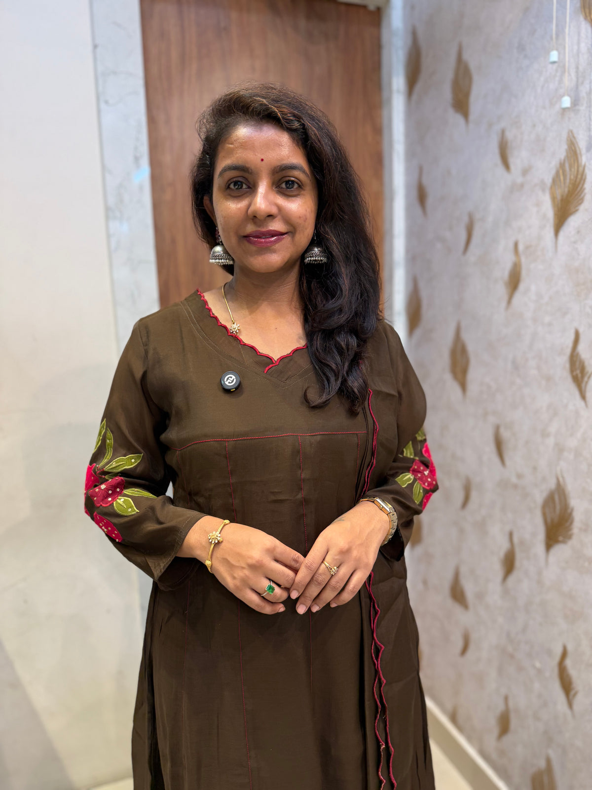 Brown Embroidery A-line Kurti With Pant and Scallop Dupatta -HSC1204