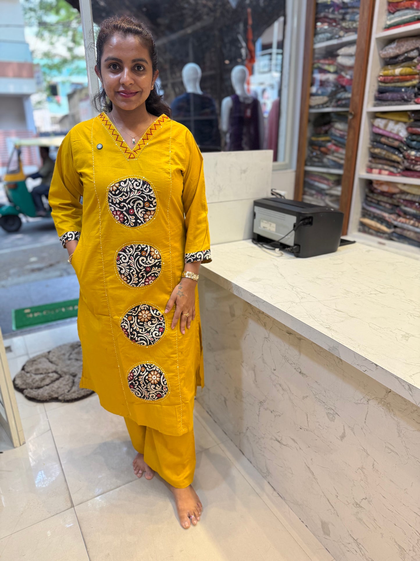 Mustard Dhabu Cotton Patch Work Kurti With Pant-HSC97