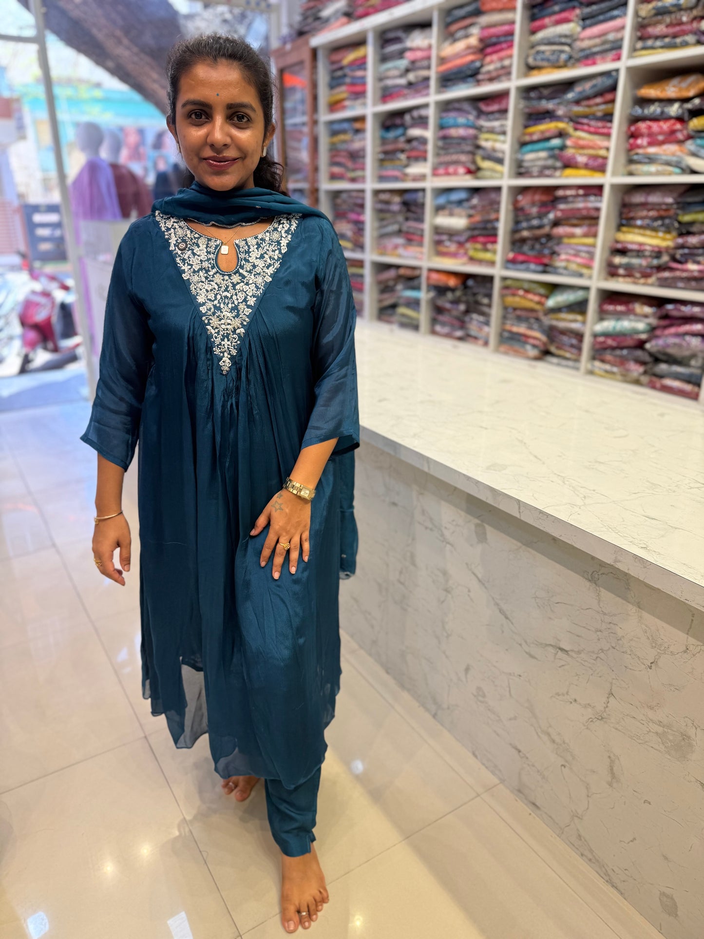 Blue Pure Chinnon A-line Kurti With pant and Dupatta