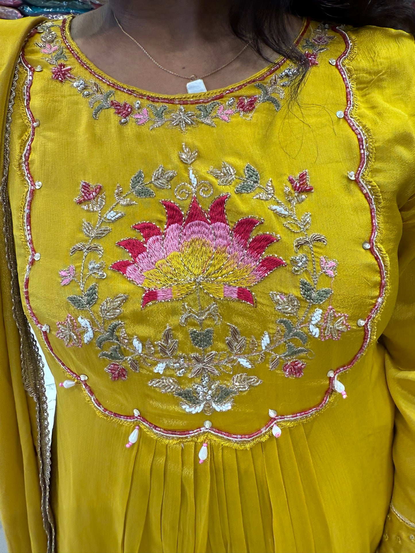 Yellow Pure Chinnon Kurti With Pant and Dupatta