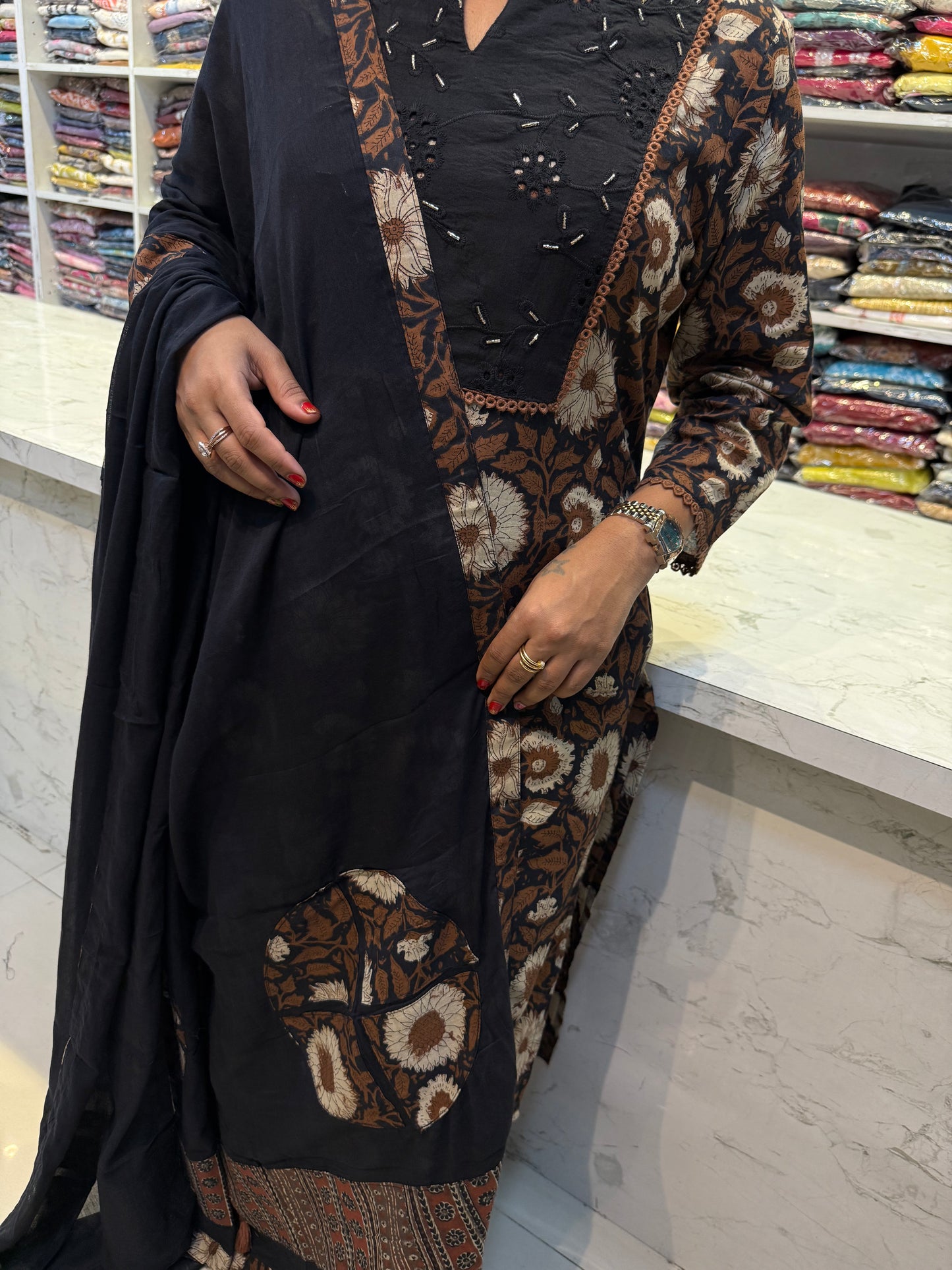 Applique Floral Printed Pure Cotton Kurti with Pant and Dupatta