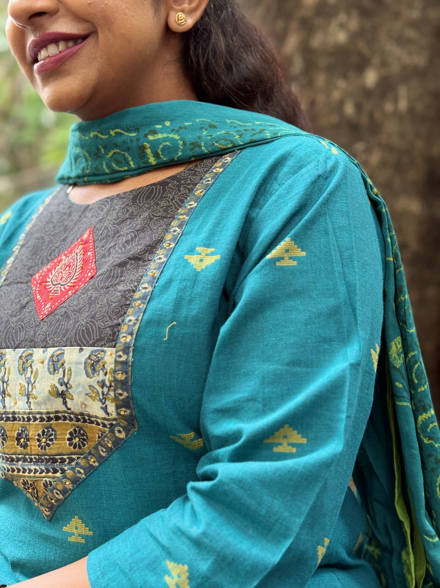 Teal Blue Handloom Pure Cotton Kurti With Pant and Dupatta - HSC1159