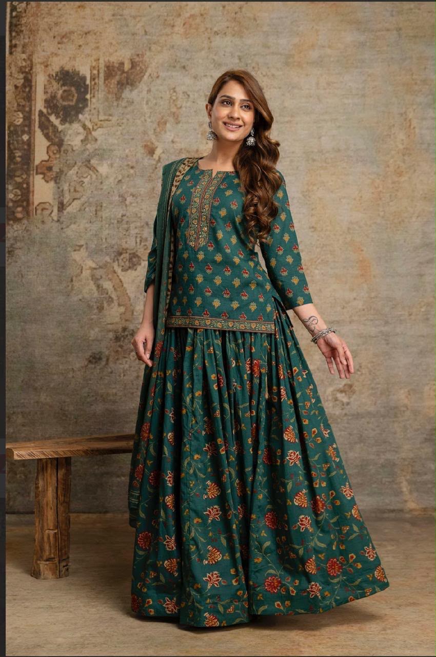 Green Pure Cotton Printed Kurti With Skirt and Dupatta -HSC1302