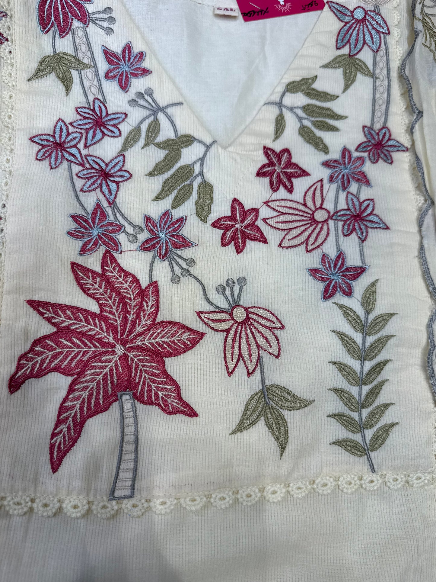 Half White Embroidery Pure Cotton Kurti With Scallop Cut Dupatta