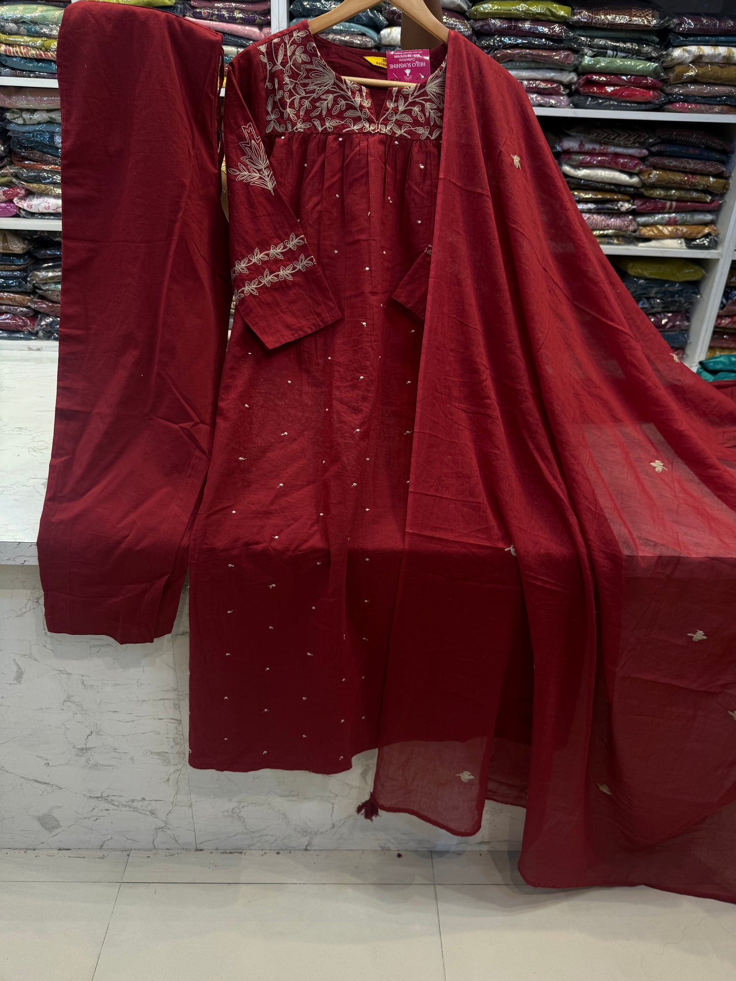 Thread Embroidery Cotton Kurti With Pant and Dupatta