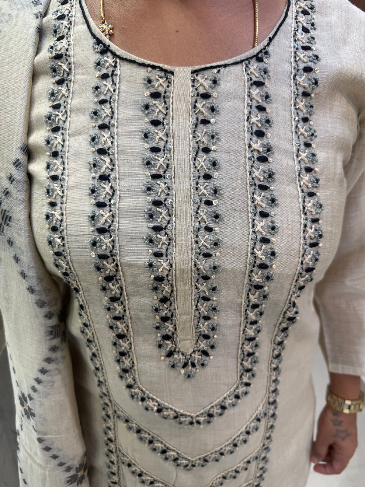 Tissue Linen Thread Embroidery Kurti With Pant and Dupatta -HSC1214