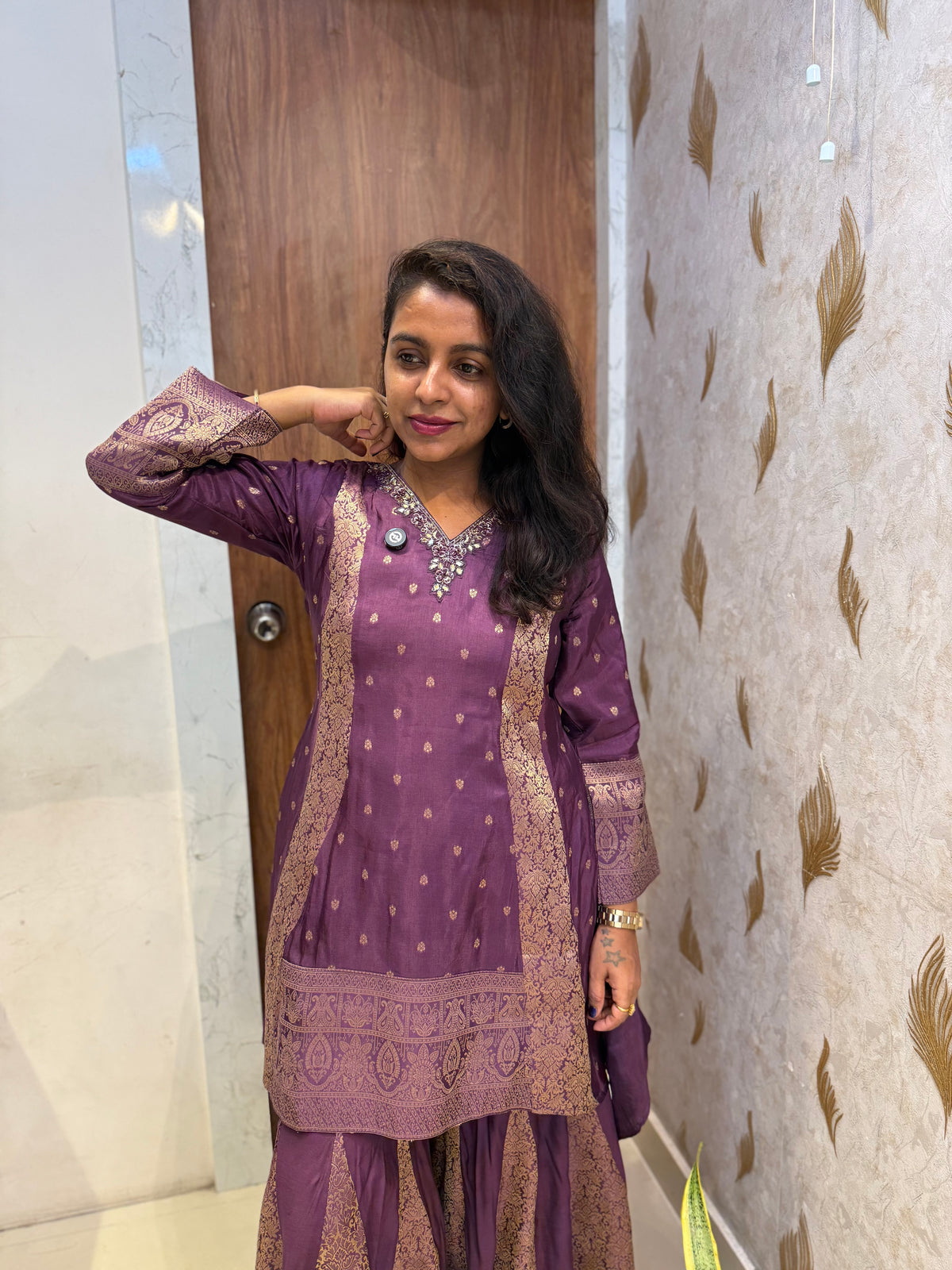 Purple Banasari Embroidered Kurti With Pant -HSC1208