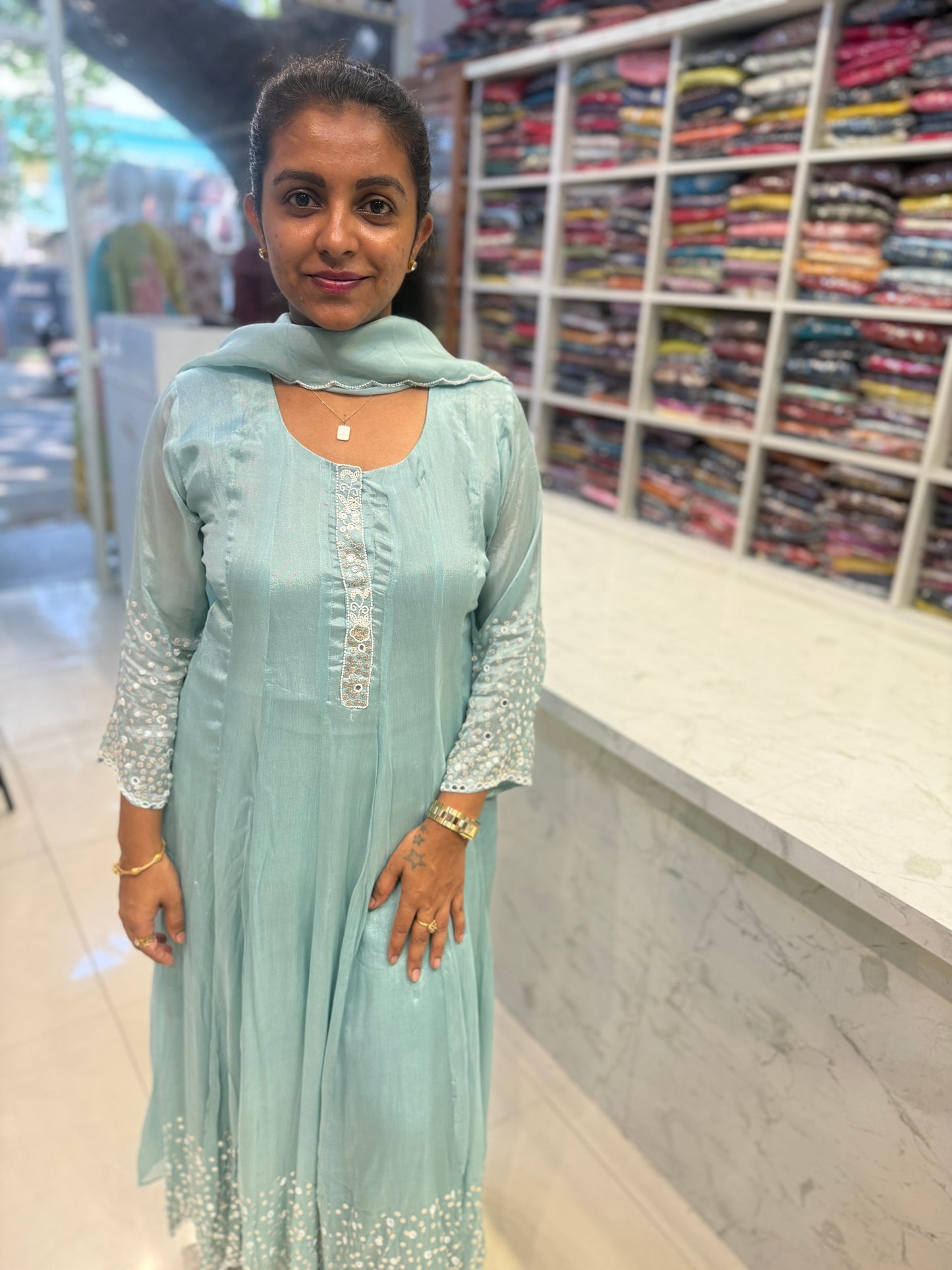 Ice Blue Pure Chinnon Anarkali with Pant and Dupatta-HSC134