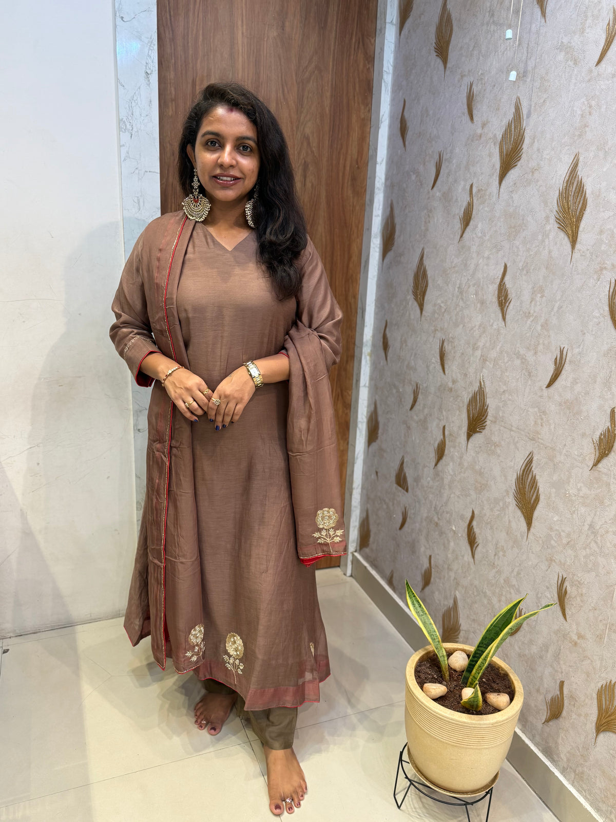 Pure Banarasi Mul Chanderi Silk Kurti With Pant and Dupatta -HSC1228