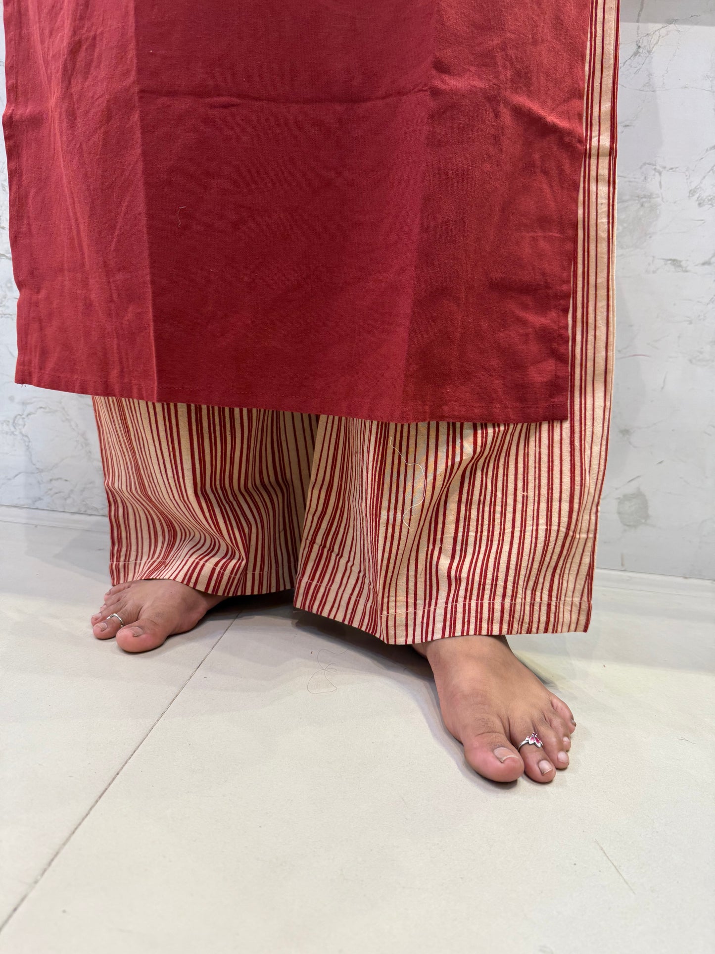 Hand Painted Pure Cotton Marron Kurti With Stripes Pant-HSC62