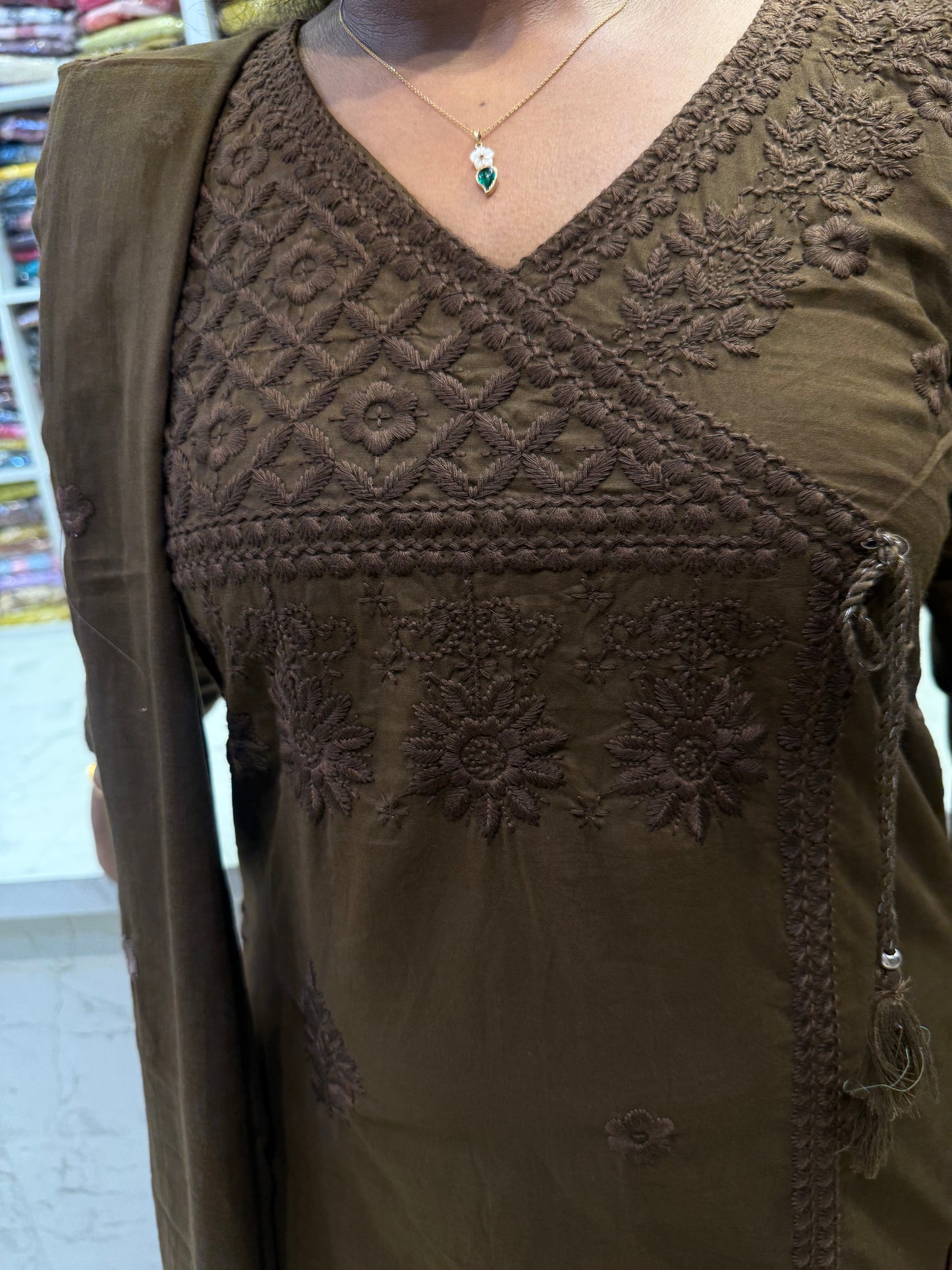 Coffee Brown Chikankari Embroidery Kurti With Pant and Dupatta-HSC163