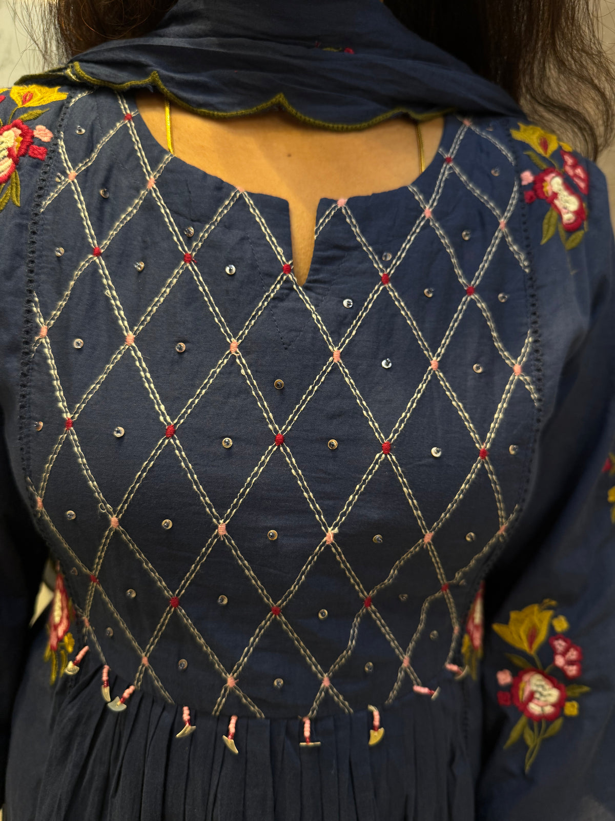 Navy Blue Embroidery Pure Cotton Kurti With Pant and Scallop Dupatta -HSC1285