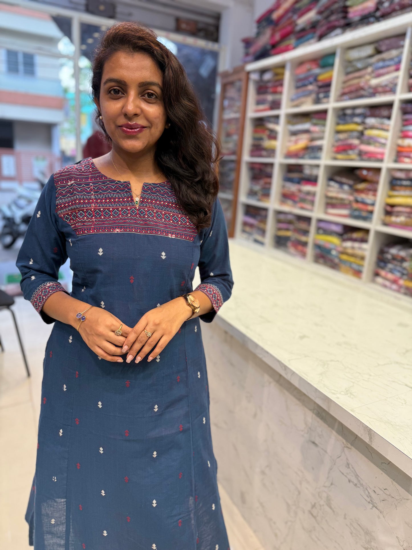 Blue Embroidery Pure Cotton Kurti