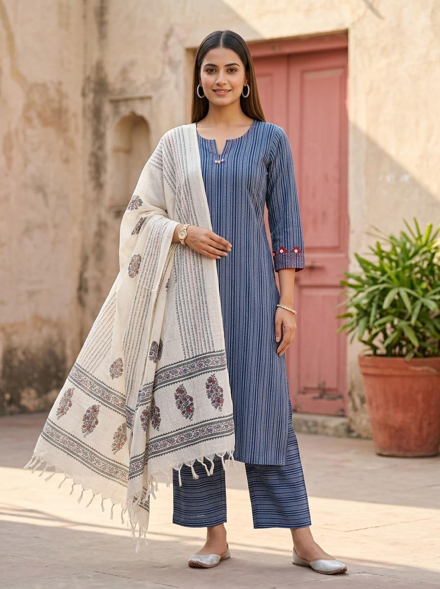 Indigo Stripes Pure Cotton Kurti With Pant and Dupatta