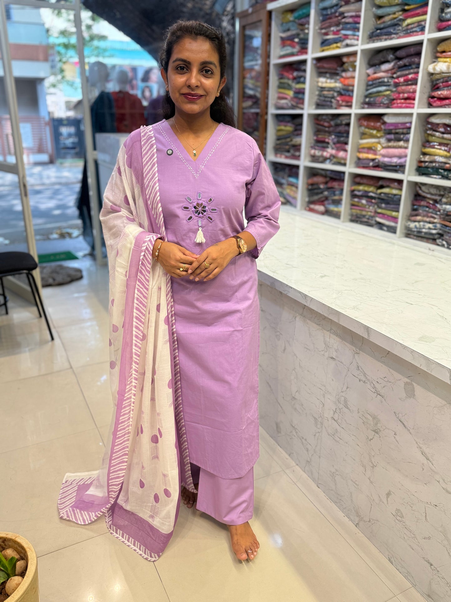 Lavender Pure Cotton Kurti With Pant and Constrast Dupatta-HSC104