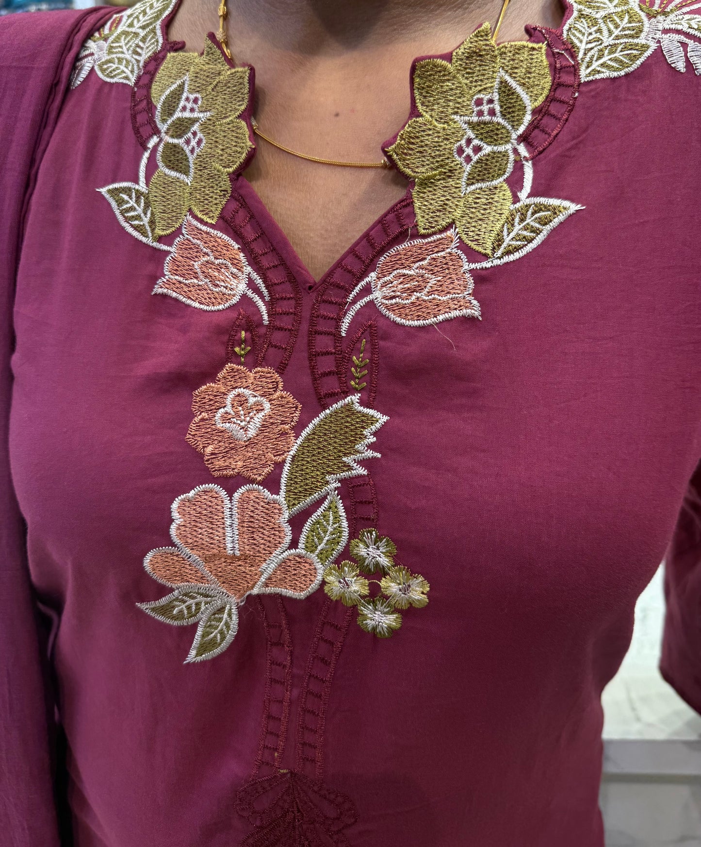 Magenta Floral Cutwork Cotton Kurti With Pant and Dupatta-HSC136