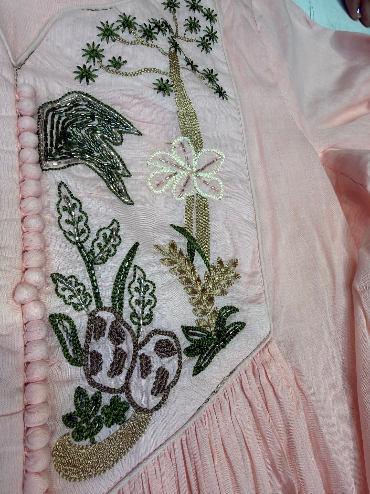 Designer wear Baby Pink Mul Cotton Hand Embroidery A-line Kurti With Pant and Dupatta-HSC94