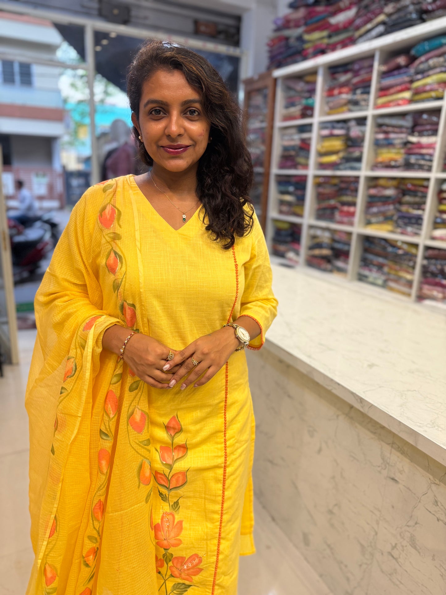 Hand Brush Painted Pure Cotton Kurti With Pant and Dupatta