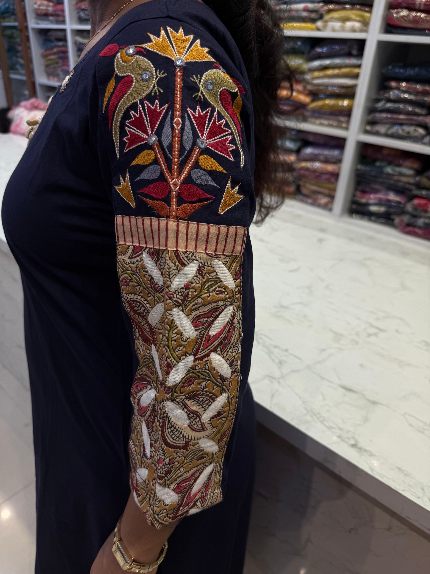 Navy Blue Embroidered Cotton Kurti With Pant-HSC76