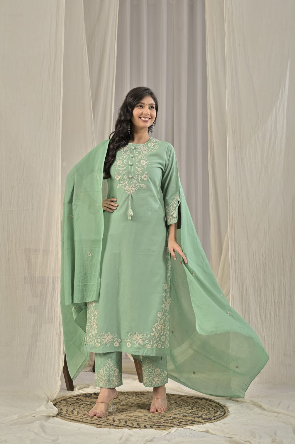 Mint Green Pure Cotton Embroidery Kurti With Pant and Dupatta - HSC1145