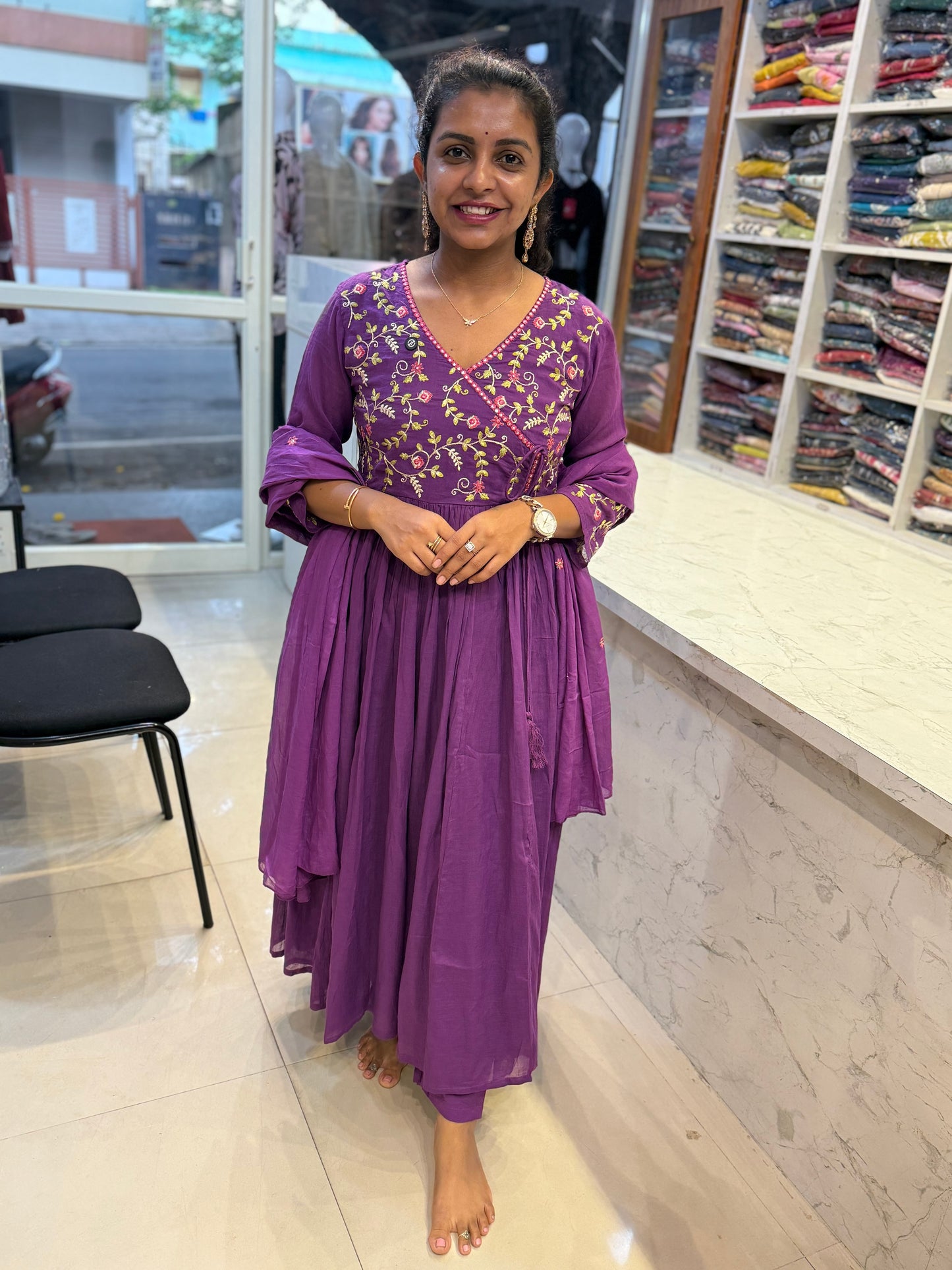 Purple Mul Cotton Anarkali Kurti with pant and Dupatta